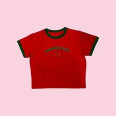 ✨Morocco crop top ✨y2k football/soccer tee ✨bright coloured cute crop top ✨Perfect for summer ✨Morocco aesthetic 🇲🇦   ✨See sizing guide for measurements  ✨Feel free to message me with any questions 😊 Y2k Cropped T-shirt For Streetwear, Cropped Y2k T-shirt For Streetwear, Y2k Style Green Crop Top For Streetwear, Red Short Sleeve Crop Top For Streetwear, 90s Style Short Sleeve Crop Top, Morocco Aesthetic, Crop Top Y2k, Soccer Tees, Y2k Crop Top