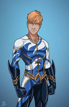 a drawing of a man in blue and white armor with his hands on his hips