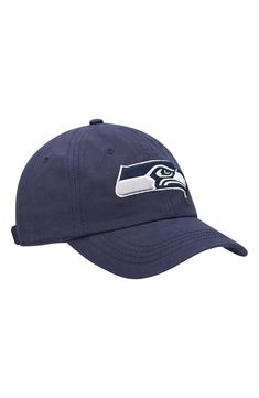 Indulge your sporty side by throwing on this Seattle Seahawks Miata Clean Up Primary adjustable hat from '47 and spicing up any casual ensemble. The bold Seattle Seahawks graphics add flair to the design, and the adjustable fabric strap at the back ensures a perfect fit for every big game. Material: 100% Cotton Low crown Unstructured relaxed fit Curved bill Adjustable fabric strap with snap buckle Embroidered graphics with raised details One size fits most Six panels with eyelets Surface washabl Sporty Team-colored Baseball Cap With Curved Brim, Sporty Curved Bill Fan Gear Hat, Collegiate Sports Hat With Curved Brim, Adjustable Collegiate Dad Hat For Sports, Sports Season Baseball Cap For Fan Gear, Sporty Baseball Cap With Team Logo For Fans, Sports Hat With Team Logo And Curved Bill, Sporty Fan Gear Baseball Cap With Curved Bill, Sporty Baseball Cap With Curved Bill For Fans