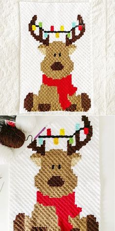 two crocheted christmas cards, one with a reindeer and the other with a deer on it