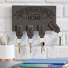 there is a key holder on the wall with keys hanging from it's hooks