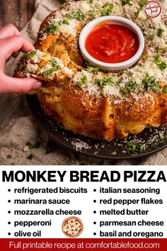 an advertisement for a pizza restaurant with the words monkey bread pizza on it's side