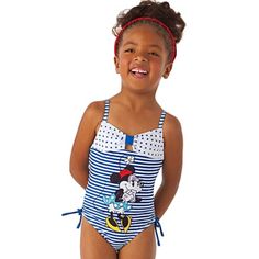 This Super Cute Navy And White One-Piece Swimsuit Has Blue And White Polka-Dot Top (Attached) And Striped Body, Minnie Applique And Ties On The Sides. Nwt Blue Cartoon Print Swimwear For Play, Blue Character Print Swimwear For The Beach, Fitted Blue Swimwear With Character Print, Disney Swimwear For Summer Beach, Disney Swimwear For Beach In Summer, Disney Bathing Suit, Disney Swimsuit, Minnie Mouse Swimsuit, Red Superhero