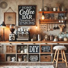 a coffee shop with wooden shelves and signs on the wall, including an espresso machine