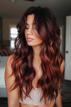 Dark Red With Red Highlights, Burgundy Hair Highlights Brunettes, Wine Colored Hair With Highlights, Wine Color Balayage, Dark Red Copper Balayage, Dark Hair With Burgundy Highlights Fall, Red In Brunette Hair, Burgundy And Caramel Balayage, Bayalage Reddish Brown