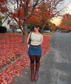 Thanksgiving Outfits Ideas For Women, Winter Off The Shoulder Outfit, Fits With Knee High Boots, December 2024 Outfits, 20 Yr Old Outfits, Winter Outfit For Birthday, Red Boots Fall Outfit, Latina Christmas Outfit, Tall Boots And Skirt Outfit