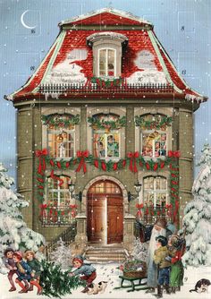 a painting of a house with christmas decorations on the front door and people standing outside