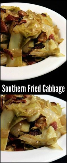 two white plates filled with cabbage and bacon