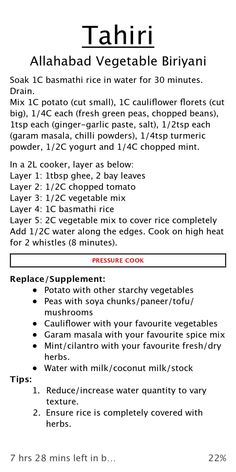 the menu for tahrii's vegetarian biriyani, with instructions