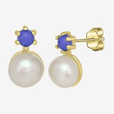 Pearl Type: Simulated PearlsIncluded: 1 Pair of EarringsEarring Back: PostShape: RoundStone: PearlStone Cut: RoundStone Millimeter Measurement: 6 Mm Width, 3 Mm LengthMetal Color: YellowEarring Length: 10.5mmEarring Width: 6mmMetal: 14k Gold Over SilverCare: Wipe CleanStone Type: 2 Genuine Lapis, 2 Simulated PearlCountry of Origin: Imported 14k Gold Round Pearl Earrings, Gold Pearl Earrings With Prong Setting In 14k Gold, Yellow Gold Pearl Earrings With Gemstone, Classic Blue Round Pearl Earrings, 14k Gold Pearl Earrings With Prong Setting, Gold Gemstone Cluster Earrings, Round Stud Earrings, Pearl Types, Jewellery And Watches