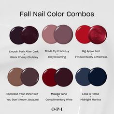 OPI - Fall in love with all of these dreamy combos 🍂... Nail Colors For Cool Skin Tone, Mani Pedi Color Combos, Short Fall Nail Designs, Short Fall Nail, Fall Nail Color, Nail Color Combos, Autumn Look