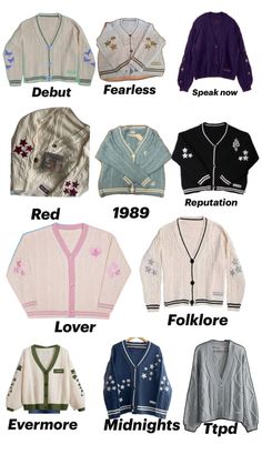 many different types of sweaters are shown in this image, with the names below them