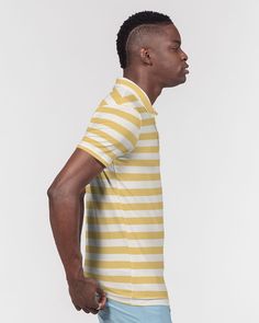 About The Art Classic Vluxe Yellow Stripe The Classic Stripe is never out of style. Product Details Look sharp in this versatile polo, perfect for business casual or a polished weekender outfit. Our Men's Slim Fit Short Sleeve Polo features soft, breathable fabric with a close cut torso, tailored to show your natural physique. Soft, breathable fabric Polo collar Four button placket Short sleeves Straight hem bottom Printed, cut, and handmade Size & Fit Slim fit, moderate stretch Size up for a re Classic White Polo Shirt For Business Casual, White Collared Polo Shirt For Business Casual, Casual White Polo Shirt For Work, Casual Everyday White Polo Shirt, Classic White Polo Shirt For Everyday, Slim Fit Shorts, Yellow Stripes, Polo Collar, Slim Fit Men