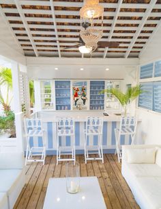 a living room filled with furniture and a bar