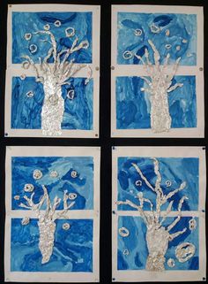 four pieces of art made to look like trees with blue and silver paint on them