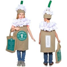 two children dressed up as starbucks characters with coffee bags on their heads and one holding a starbucks bag