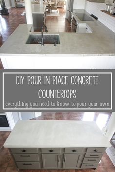 a kitchen counter top with the words diy pour in place concrete counters