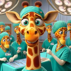 the giraffe is wearing scrubs and holding a laptop in front of other doctors