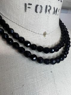 36" Faceted Black Beaded Necklace  Sparkling Spinel Jewelry Black Beaded Necklace With Round Beads, Black Beaded Long Necklace With Round Beads, Black Long Necklace With Round Beads, Black Polished Long Necklace Beads, Elegant Black Spinel Beaded Necklaces, Elegant Silver Black Spinel Necklace, Elegant Black Spinel Beaded Necklace, Vintage Black Hallmarked Necklace, Spinel Jewelry