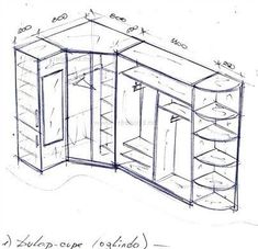 a drawing of a cabinet with shelves and drawers