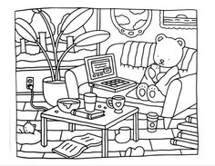 a black and white drawing of a teddy bear sitting at a desk with a computer