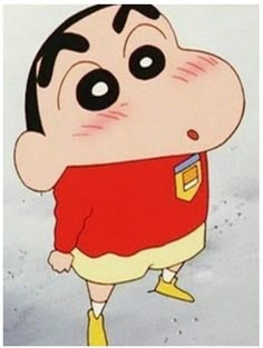 a cartoon character wearing a red shirt and yellow shoes with his head tilted to the side