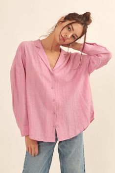 Careless Love Oversized Button-Up Crepe Shirt - ShopPromesa Lapel Collar, Oversized Fits, Drop Shoulder, Tunic Tops, Button Up, Long Sleeve Blouse, Long Sleeves, Texture, Collar