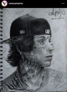 a pencil drawing of a man with tattoos on his face and neck, wearing a baseball cap