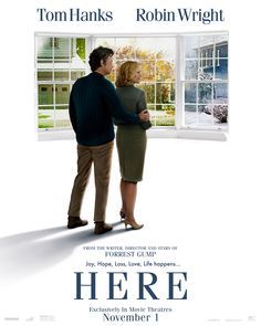 the movie poster for here is an image of a man and woman standing in front of a window