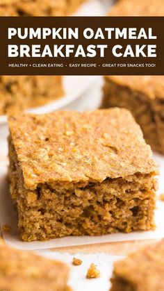 pumpkin oatmeal breakfast cake is cut into squares and stacked on top of each other