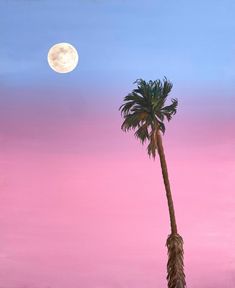 a palm tree with a full moon in the background and pink sky above it,