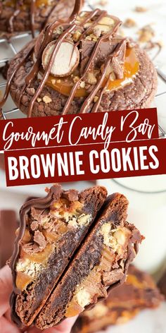 someone holding up some brownie cookies with caramel and chocolate toppings on top