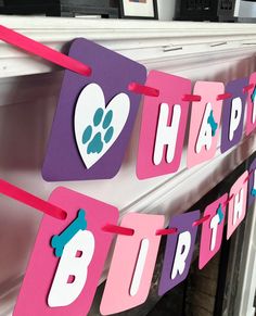 happy birthday banner with dog paw and heart