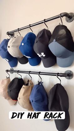 several hats are hanging on a rack with the words diy hat rack