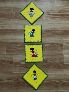 three yellow and green squares with pictures of people in the same area, on top of a wood floor