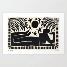 a black and white drawing of a person laying on the ground with palm trees in the background