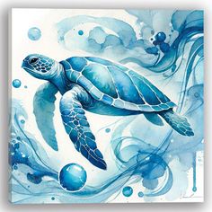 a watercolor painting of a sea turtle swimming in the ocean with bubbles and waves