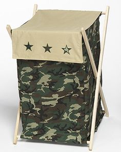 an army camouflage laundry hamper with stars on it