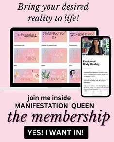 a pink poster with the words,'join me inside manifestation queen for the members