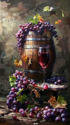 a painting of grapes and wine in a barrel with leaves on the table next to it