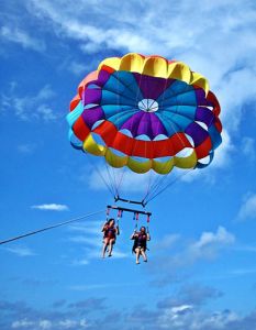 two people are parasailing in the blue sky