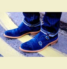 Handmade Mens Fashion Double Monk Party Shoes, Mens Style Royal Blue Shoes Wedding Shoes For Men, Double Monk Strap Shoes, Royal Blue Shoes, Quality Leather Boots, Double Monk Strap, Style Royal, Custom Design Shoes, Suede Leather Shoes, Monk Strap Shoes