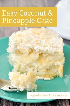 a piece of coconut and pineapple cake on a green plate with a silver fork