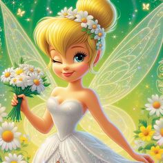 a beautiful fairy holding daisies in her hand