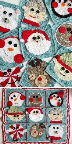 crocheted christmas coasters with santa claus and snowmen on them are shown