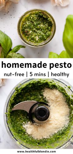 homemade pesto in a food processor with basil and garlic