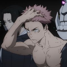 an anime character with pink hair holding his head