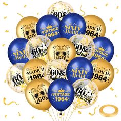 a bunch of balloons that say sixty years in gold and blue