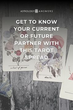 three cards with the words get to know your current future partner with this tarot spread