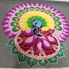 a colorful rangdi with peacocks and leaves on the ground, painted in bright colors